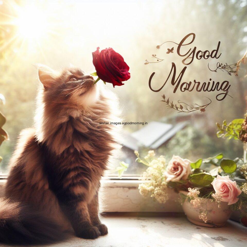 Cat seating hold the rose in the moth HD good morning images sunset is behind the cat amny roses are placed on the window good morning