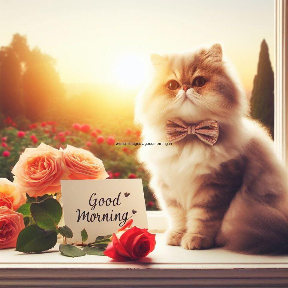 Cat seating hold the rose in the moth HD good morning images sunset is behind the cat amny roses are placed on the window good morning placed on white note