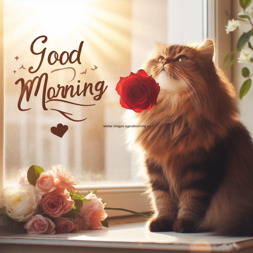 60 HD Good Morning Cat Images Download 1 Cat seating hold the rose in the moth HD good morning images sunset is behind the cat amny roses are placed on the window
