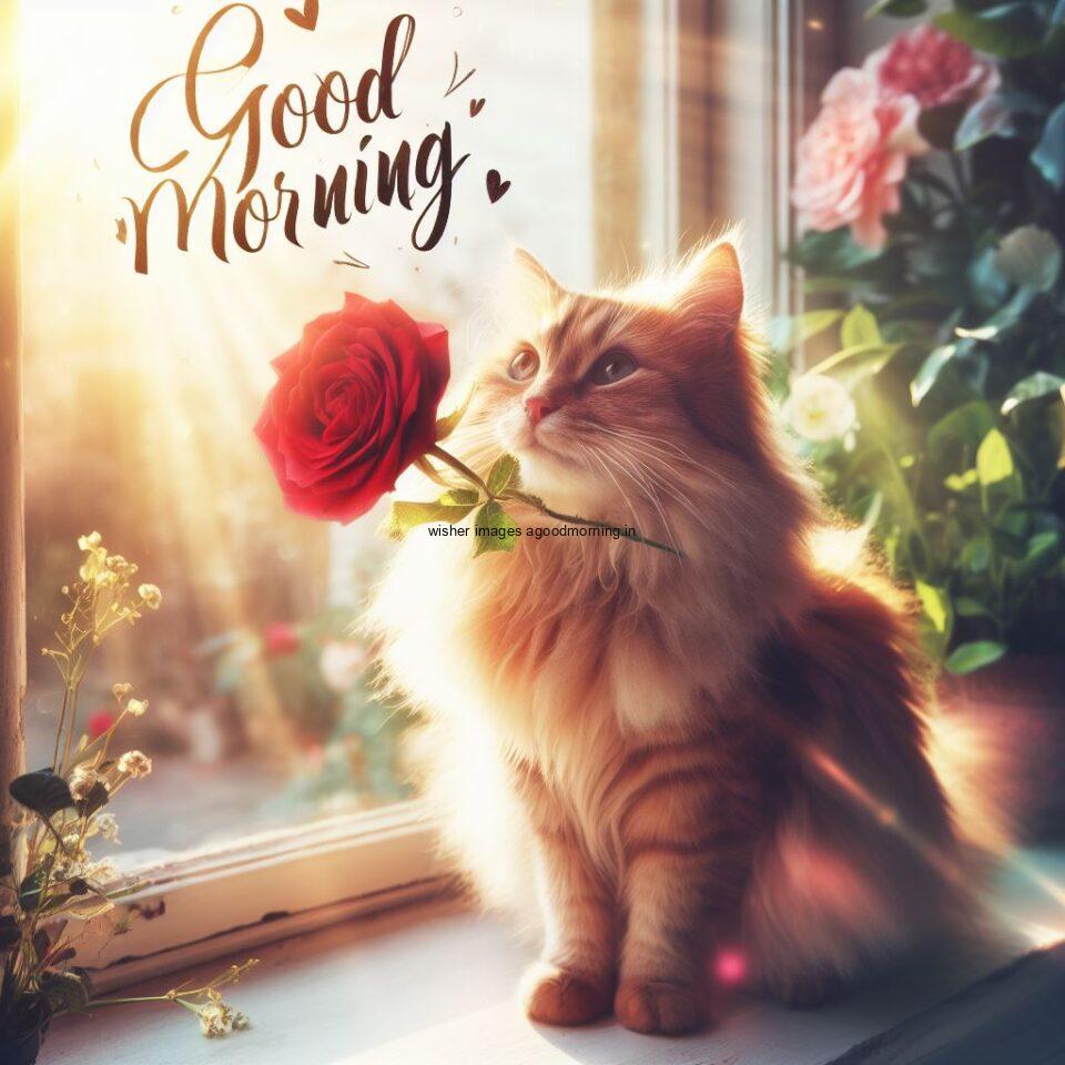 Cat seating with rose on the tableHD good morning images sunset is behind the cat