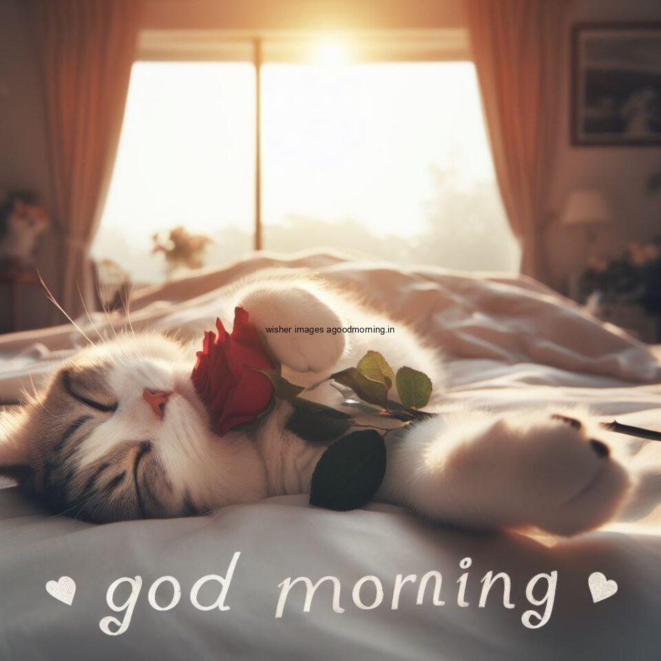 Cat sleeping with rose on the bed HD good morning images sunset comes by window sunset is behind the cat