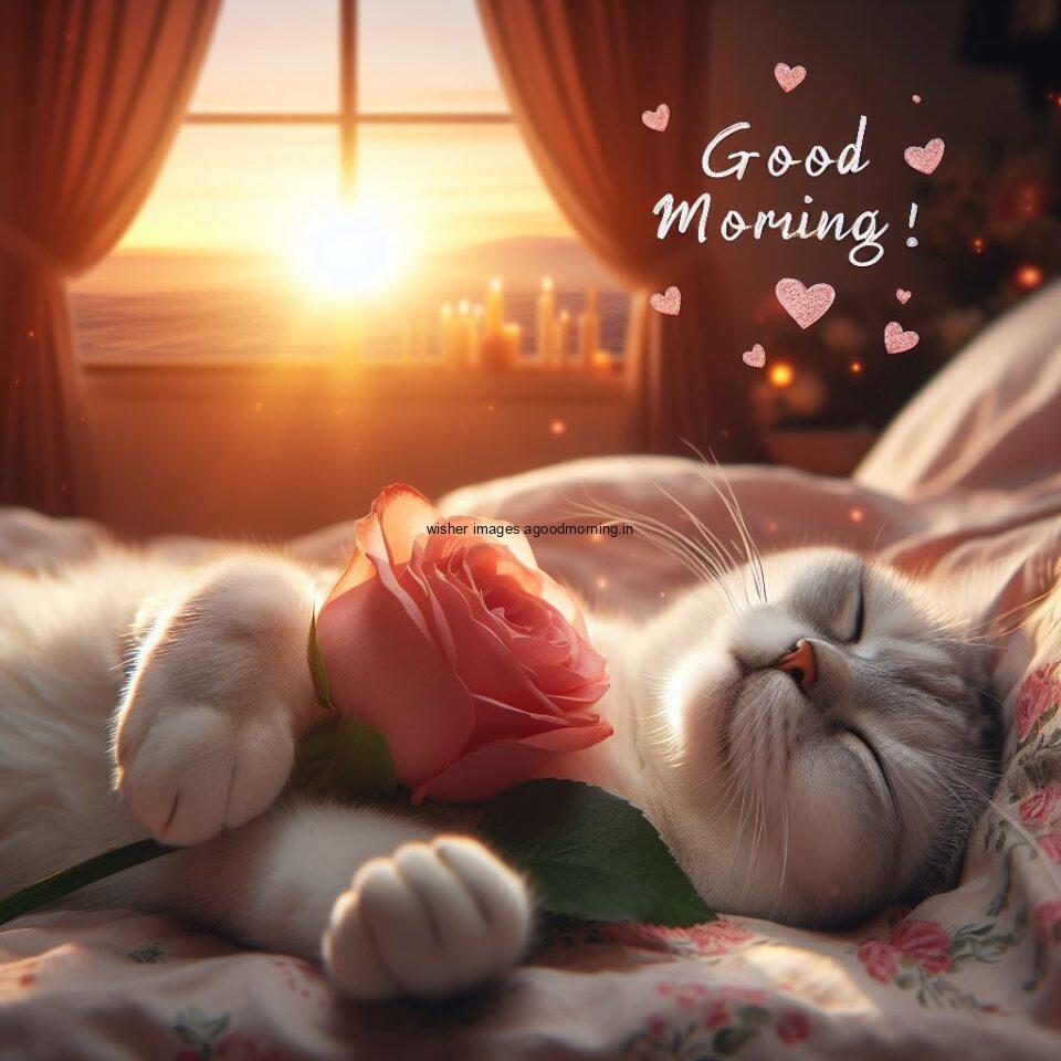 Cat sleeping with rose on the bed HD good morning images sunset is behind the cat