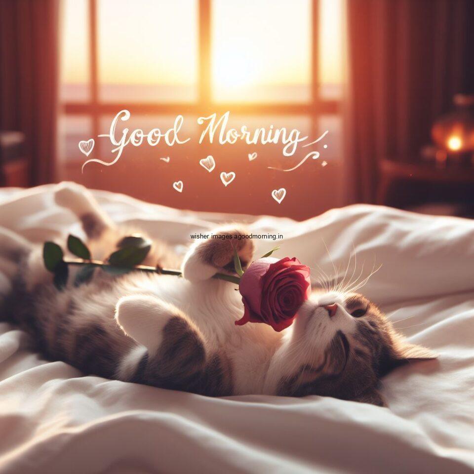 Cat sleeping with rose on the bed HD good morning images sunset is behind the cat beautiful heart are placed