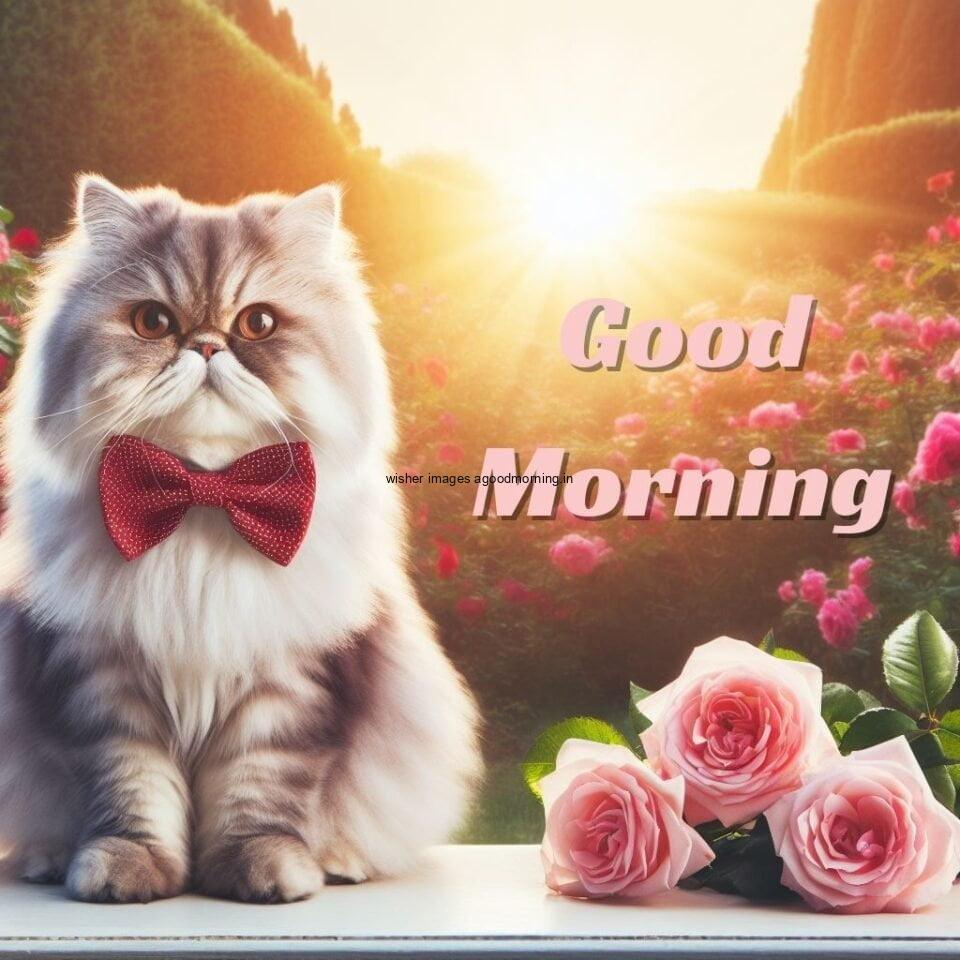 Cute cat seating hold the rose in the moth HD good morning images sunset is behind the cat amny roses are placed on the window