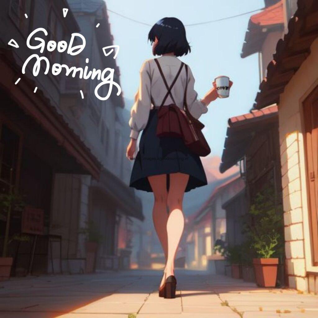 Cute girl hold the cup in the table waking on the street good morning images