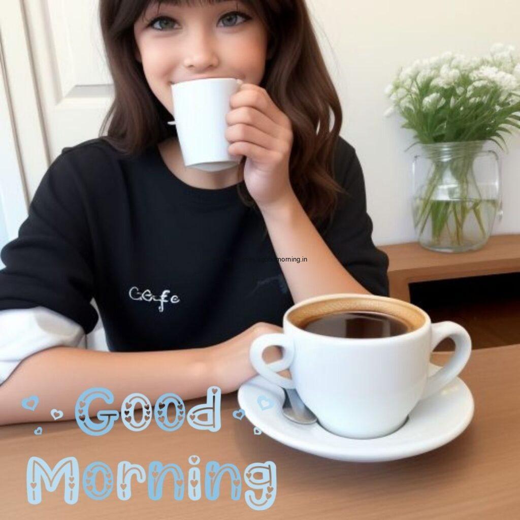 Cute girl sip the cup in the cup on the table good morning images