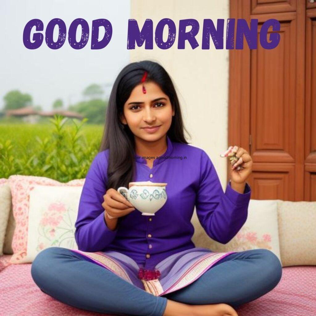 Dark blue dress wearing Cute girl hold the cup and seating on the floor good morning images