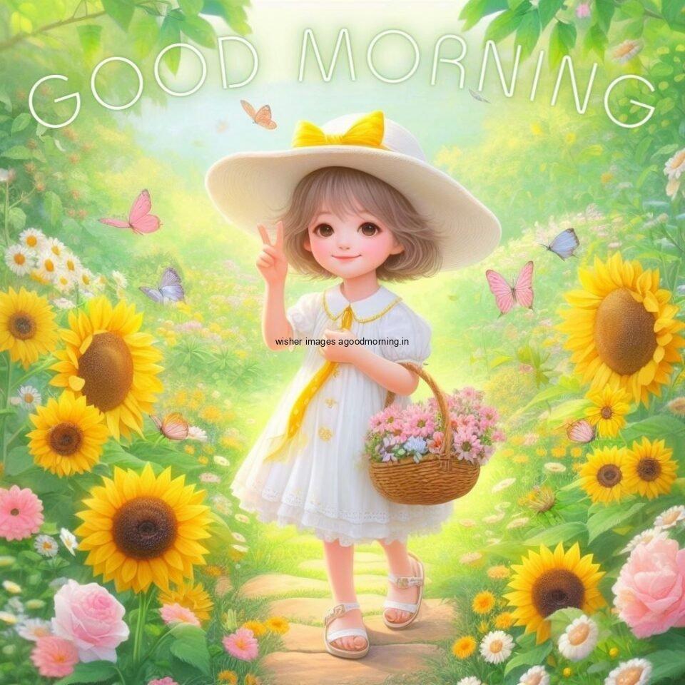 Garden with flowers white dress wearing the cute girl with wooden basket good morning love image