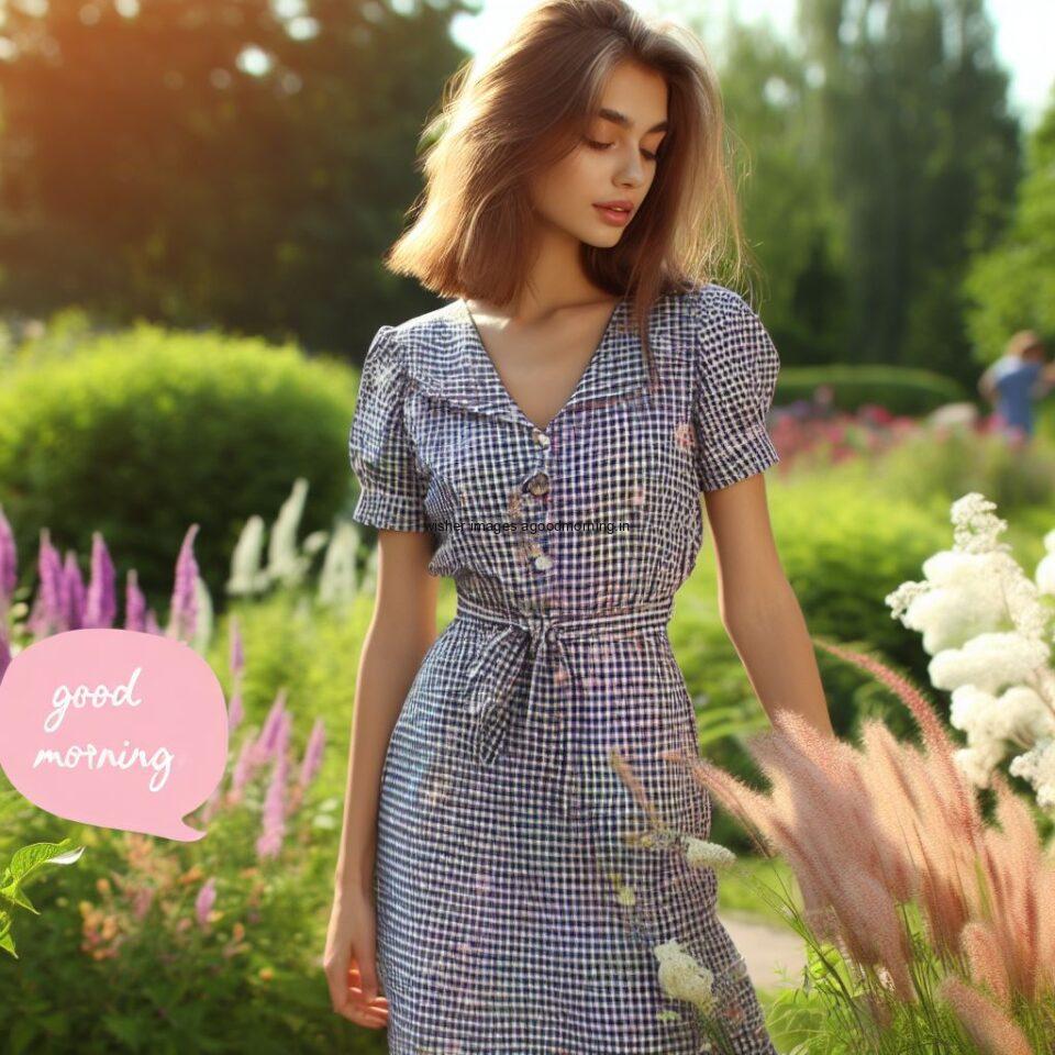 Garden with flowers white dress wearing the girl good morning love image in the pink cloud