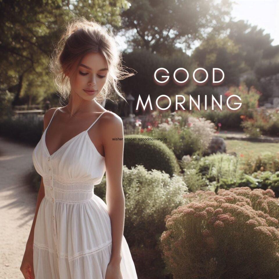 Garden with flowers white dress wearing the girl green garden good morning love image