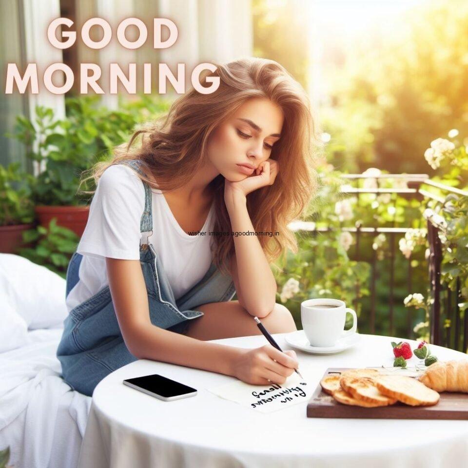 Garden with flowers white dress wearing the girl seating on chair and writing on paper good morning love image