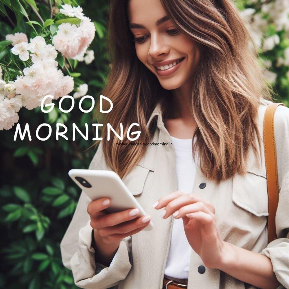 Garden with flowers white dress wearing the girl the girl is using the phone good morning love image