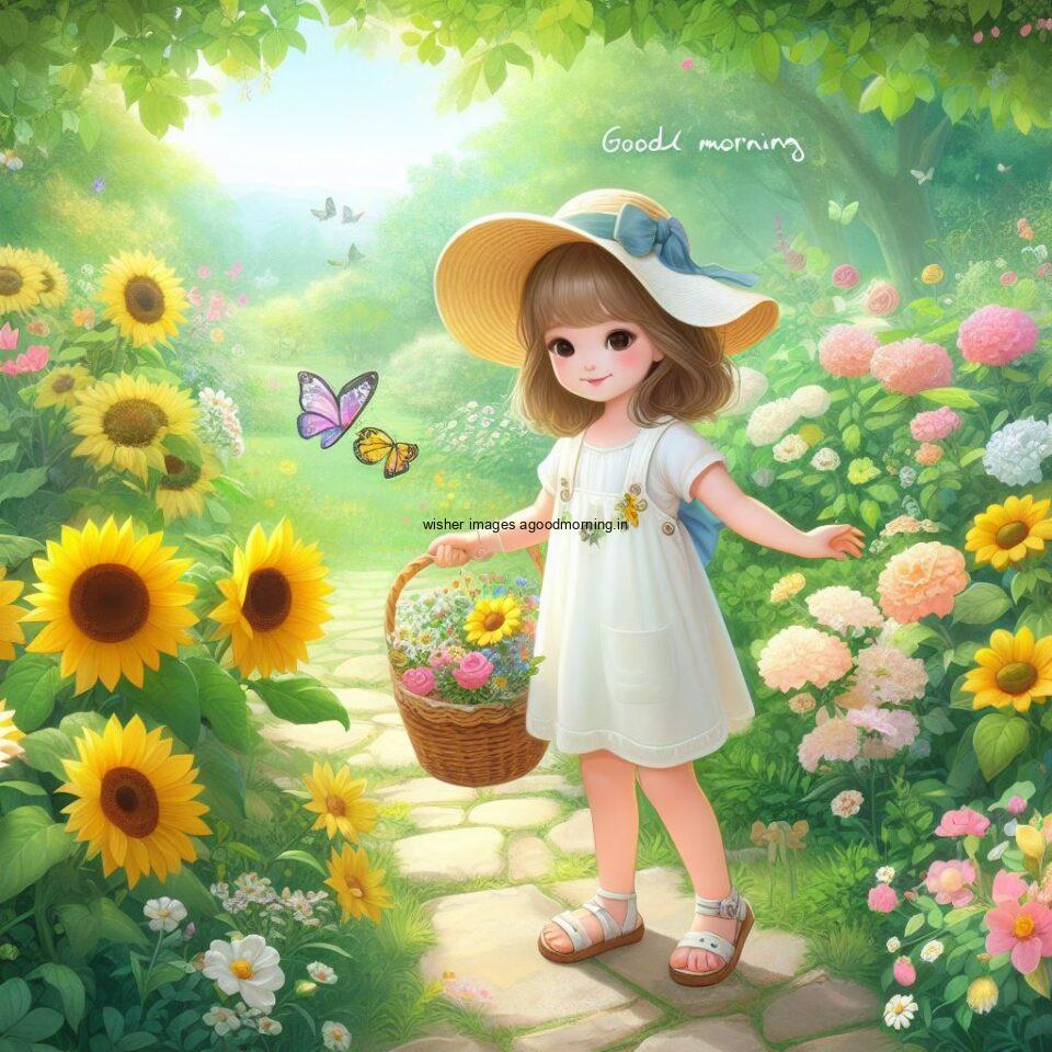 Garden with flowers white dress wearing the girl with wooden basket good morning love image