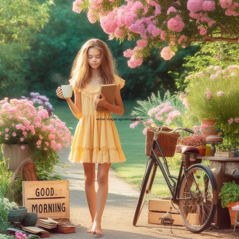 Garden with flowers yellow dress wearing the girl beside the bycycle good morning love image