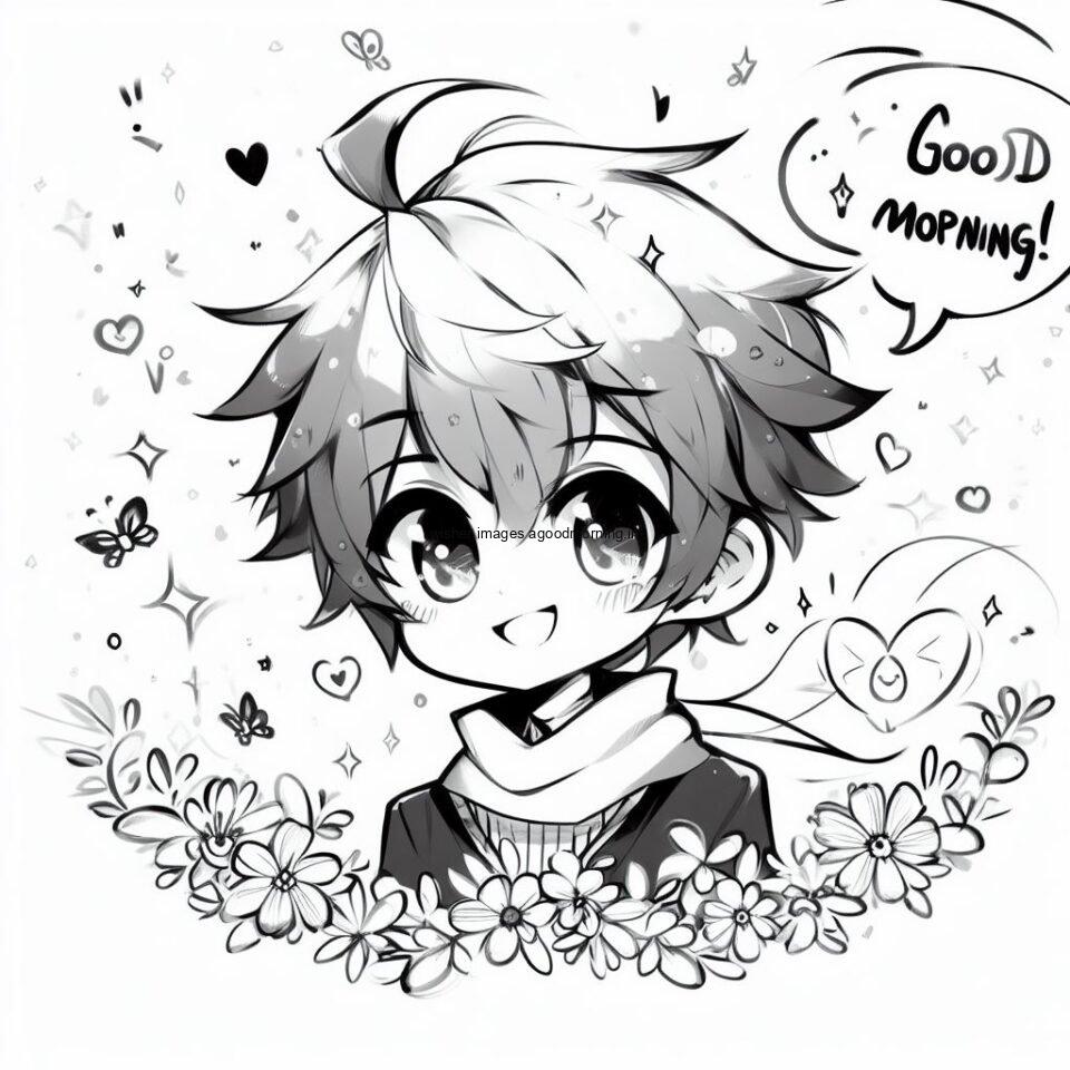 Good morning love images with white background draw create with black and white art anime boy smile with big eyes