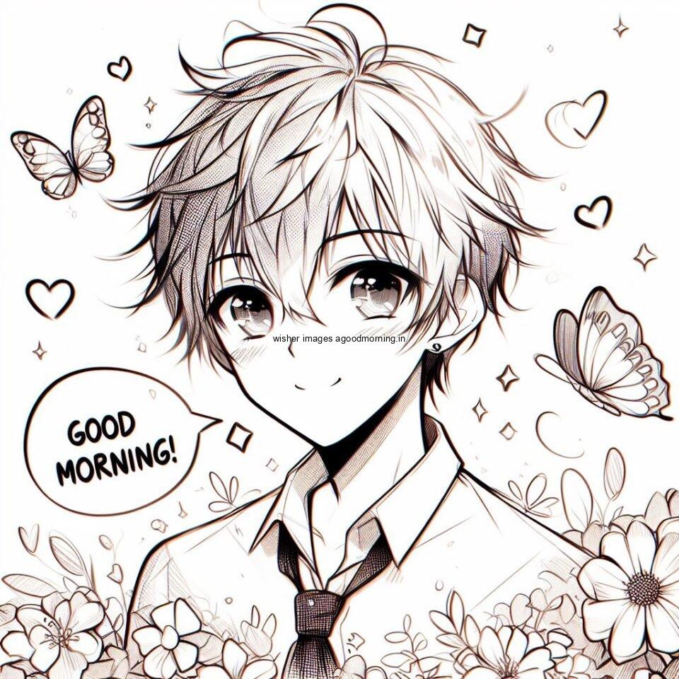 Good morning love images with white background draw create with black and white art anime boy smile with big eyes butterfly with many flowers