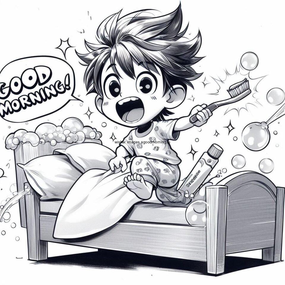 Good morning love images with white background draw create with black and white art anime boy smile with big eyes on the bed and many bubbles