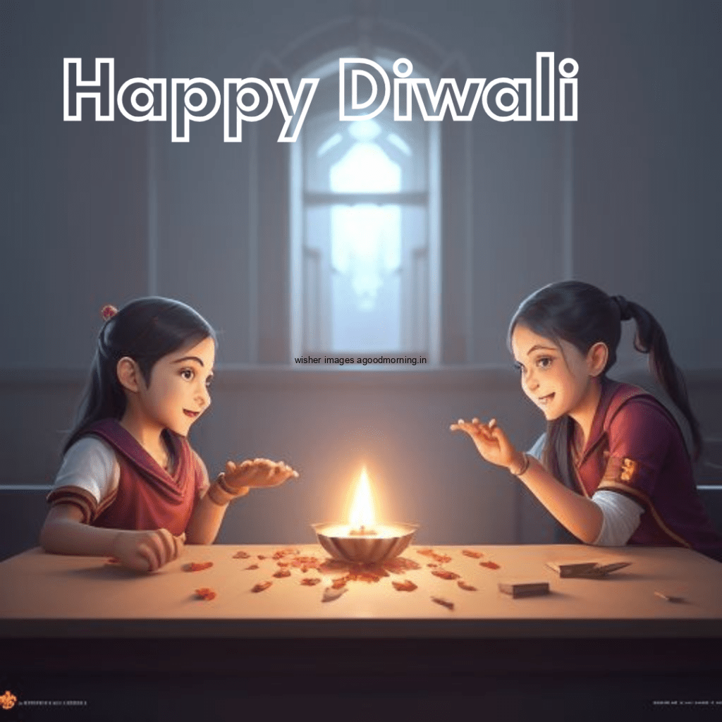 Happy diwali image with two cute girl celebrate the diwali hole fastivel beautiful diya in the middle on the table