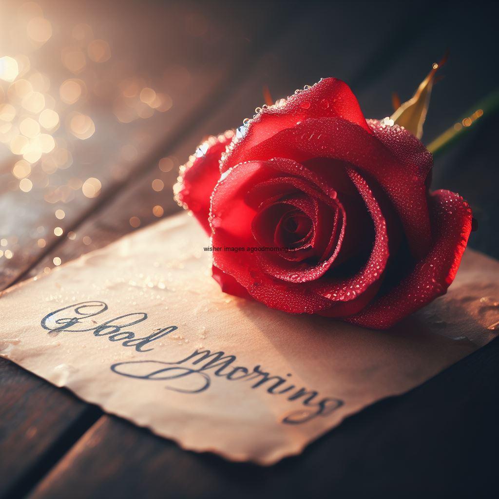 Red rose white note good morning image with good morning my love placed on note