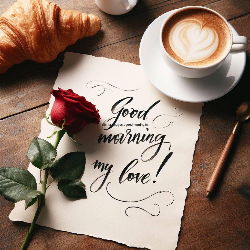 Red rose wtih coffe and food good morning image with good morning my love placed on note