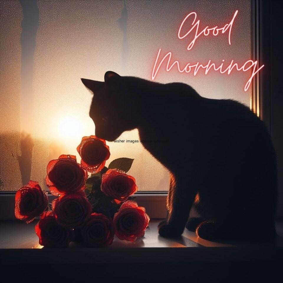 Roses with cat seating behind the background sunset comes with HD good morning images