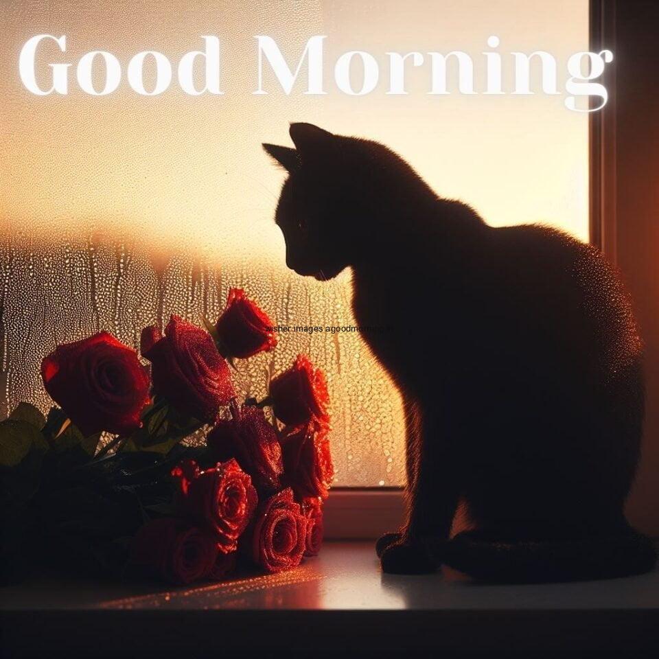 Roses with cat seating behind the background sunset comes with HD good morning images white good morning text