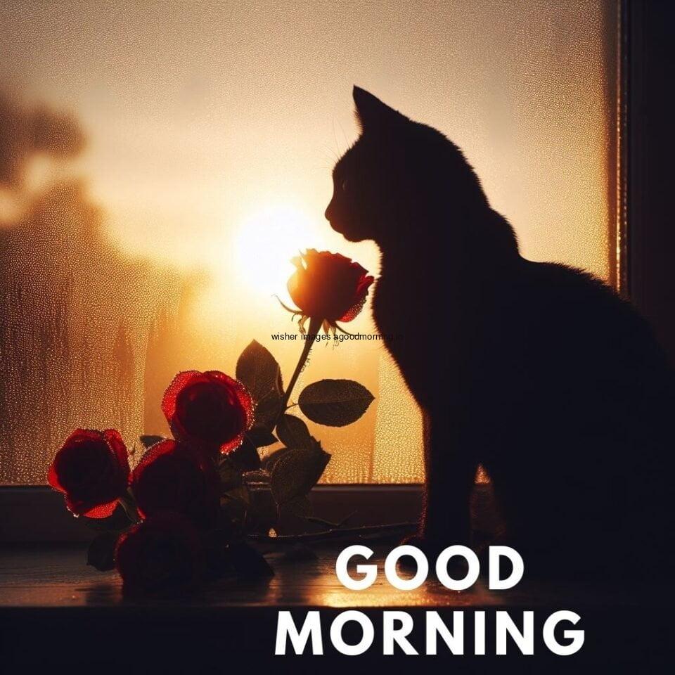 Roses with cat seating behind the background sunset comes with HD good morning images white good morning text white