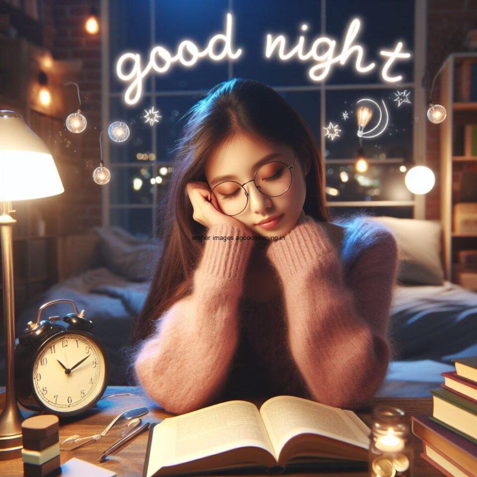 Smart girl study in table in the night good night images