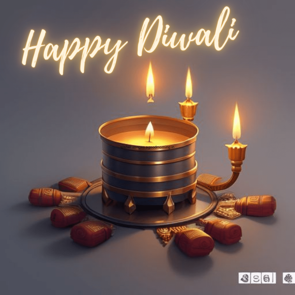 Three diya in the middle beautiful grey background with happy diwali images happy diwali text is placed on the top left coner