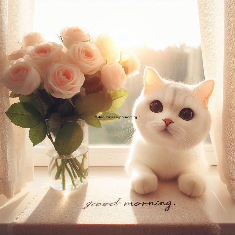 White cat seating with many rose HD good morning images sunset is behind the cat amny roses are placed on the window good morning placed on white note