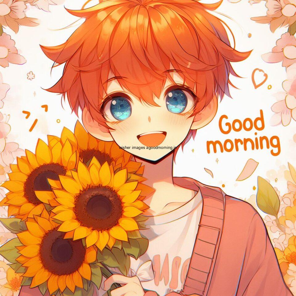 anime boy hold the sunflowers hold in the hand with white background good morning love images