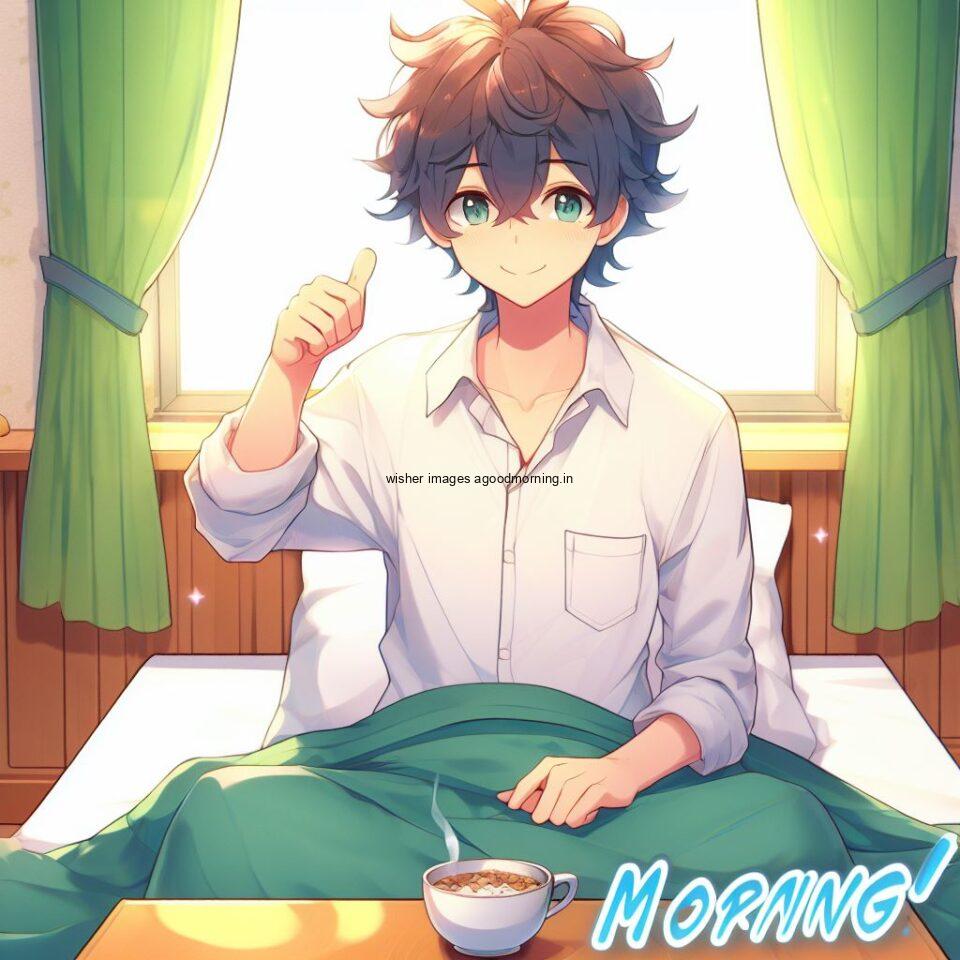 anime boy waering the white shirt and seating in the bed good morning love image