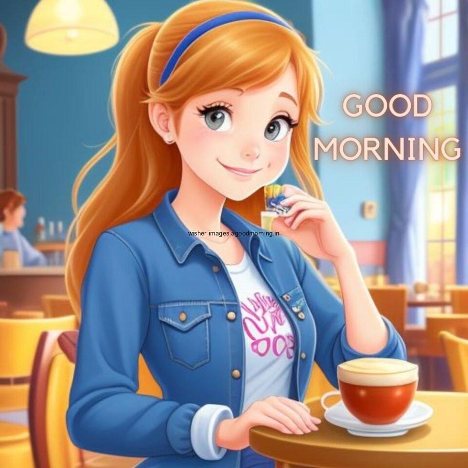 anime cute girl seating in table and girl hair colours is yellow jeans dress wearing standing in the cafe with cute eyes Hd good morning images