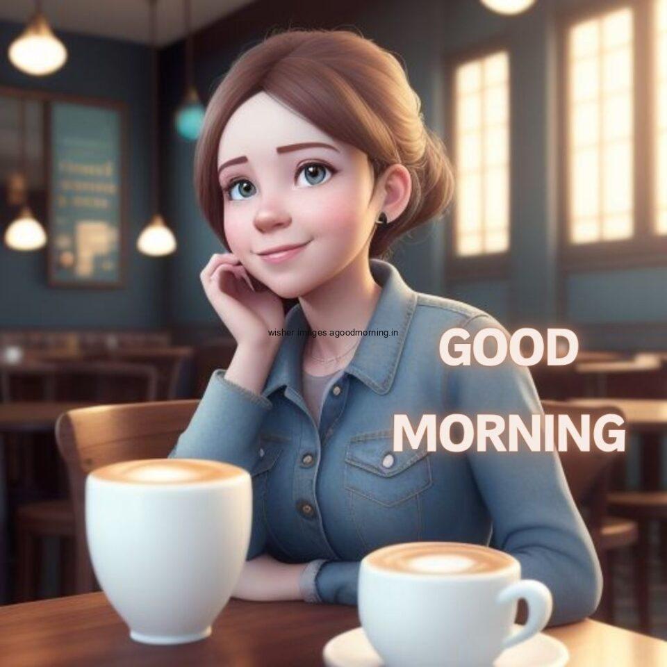 anime cute girl seating in table and smile jeans dress wearing standing in the cafe with cute eyes background Hd good morning images