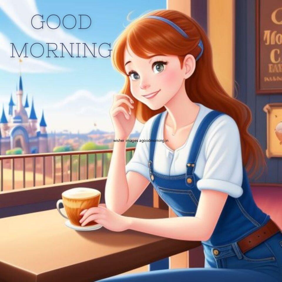 anime cute girl seating in table and smile jeans dress wearing standing in the cafe with cute eyes girl hold the coffee Hd good morning images