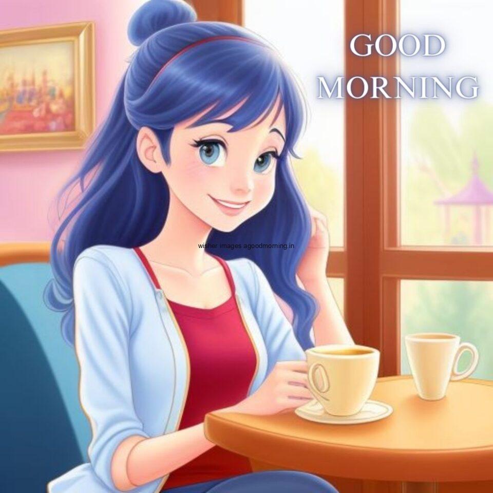 anime cute girl seating on chair in side table and smile jeans dress wearing standing in the cafe with cute eyes Hd good morning images