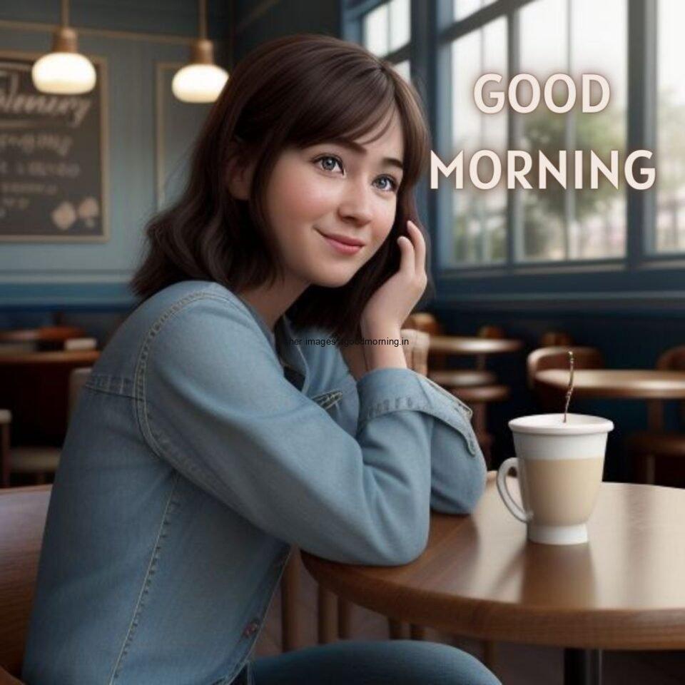 art girl seating in table and smile jeans dress wearing standing in the cafe with cute eyes Hd good morning images