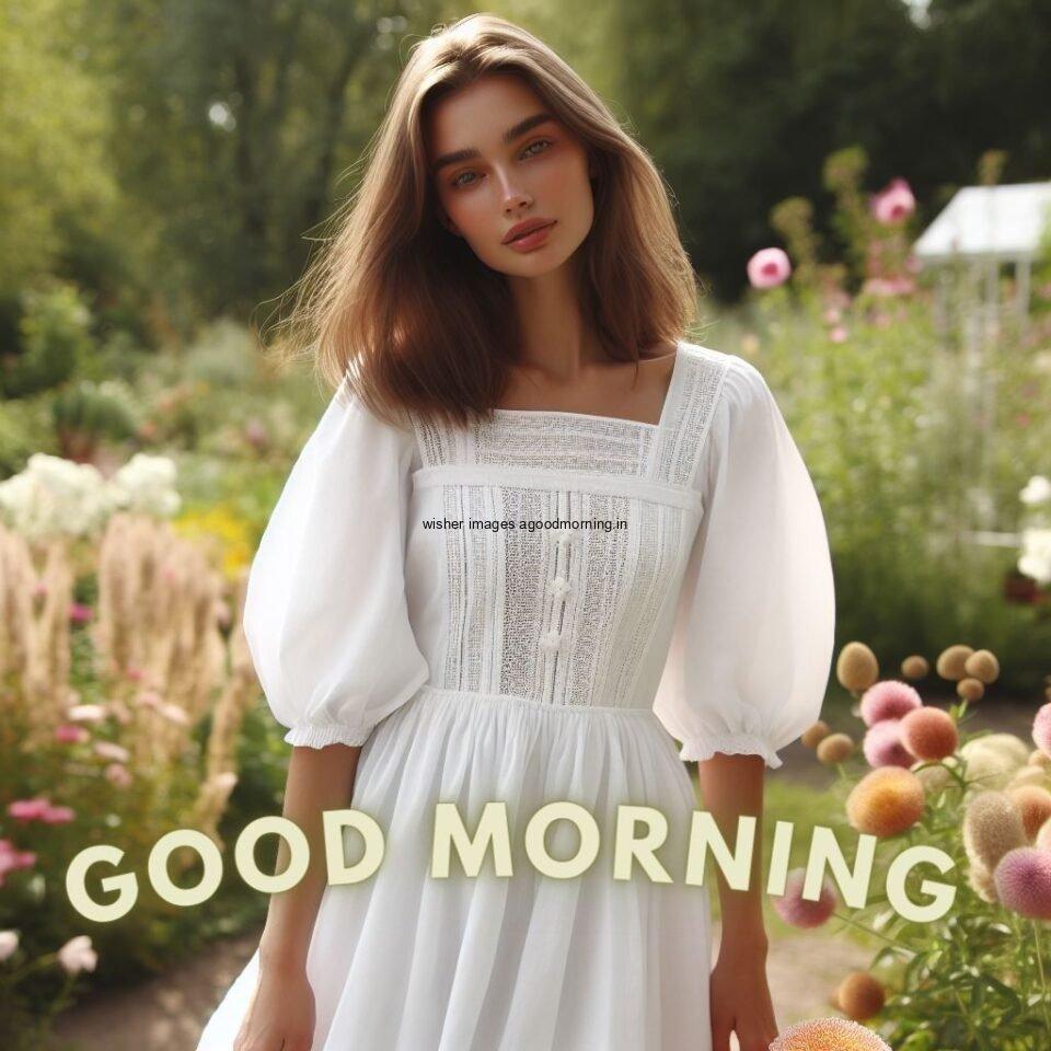 beautiful Garden with flowers white dress wearing the cute couple sunset with wooden basket good morning love image