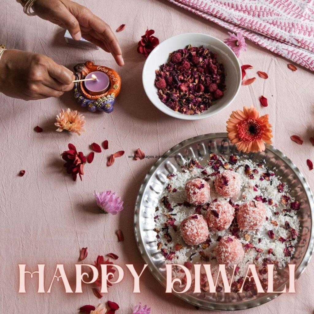 beautiful background flowers on the plate with happy diwali image