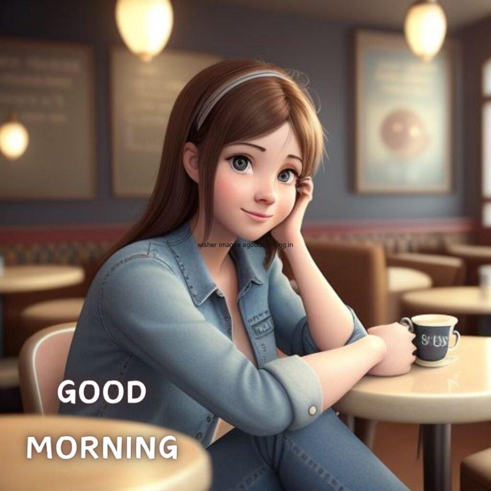 beautiful cute girl seating in table and smile jeans dress wearing standing in the cafe with cute eyes Hd good morning images