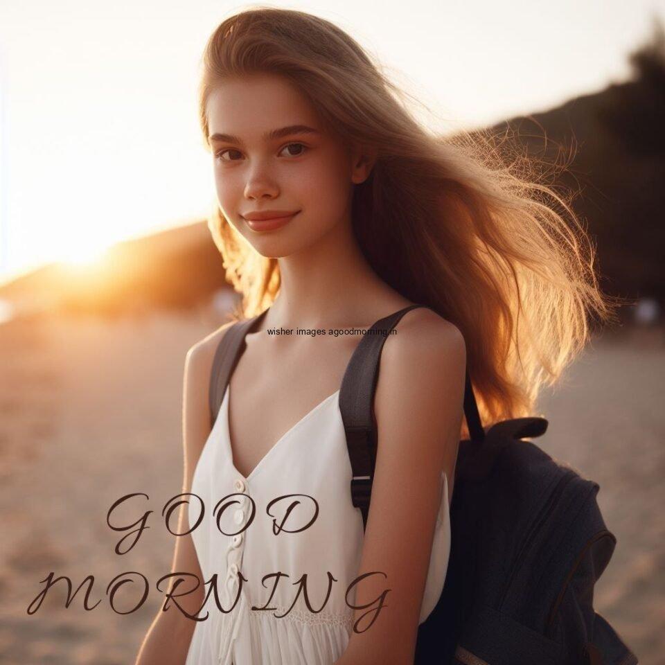 beautiful cute girl wearing the white dress and hang the bag on the back good morning love image