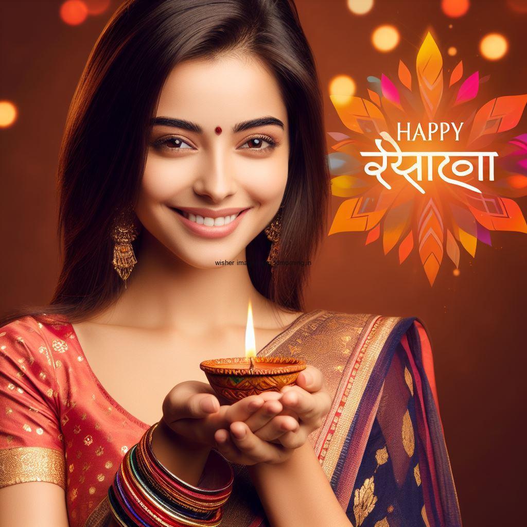 beautiful girl hold the diya behidn the girl rangloi placed and celebrate the diwali happy diwali image