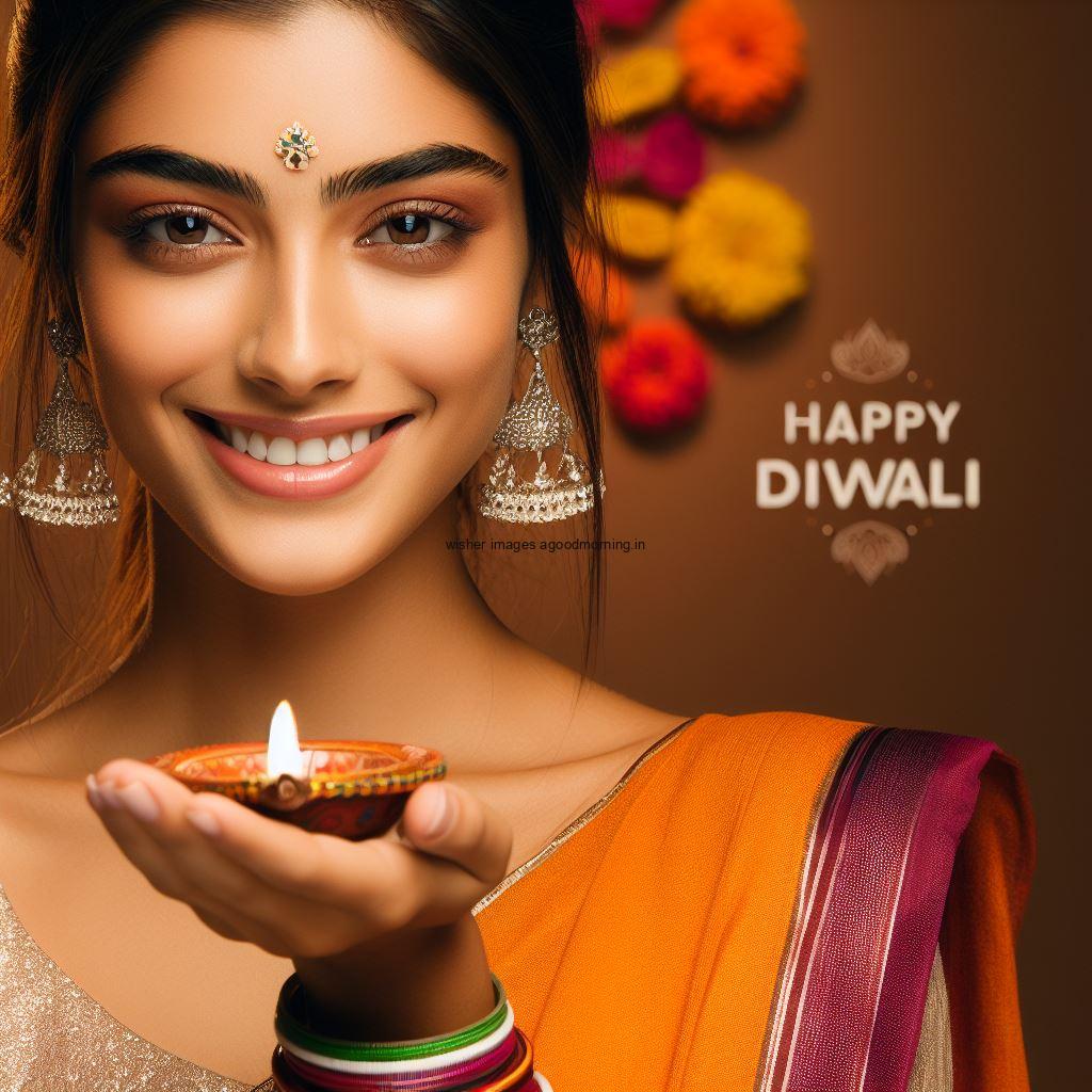 beautiful girl hold the diya many flowers and celebrate the diwali happy diwali image