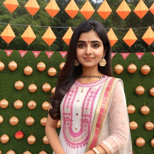 beautiful girl in the middle pink dress with green background with orange square happy diwali image