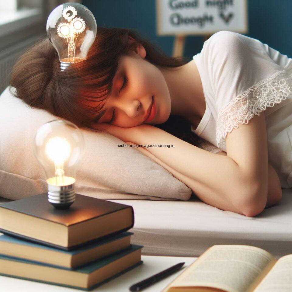 beautiful girl sleeping with books good night images