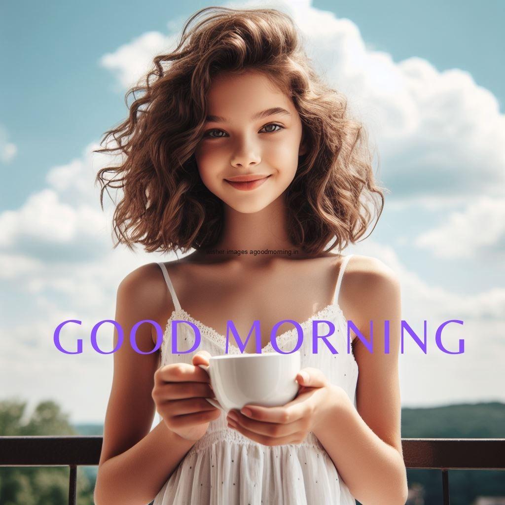 beautiful girl standing with white cup good morning images blue