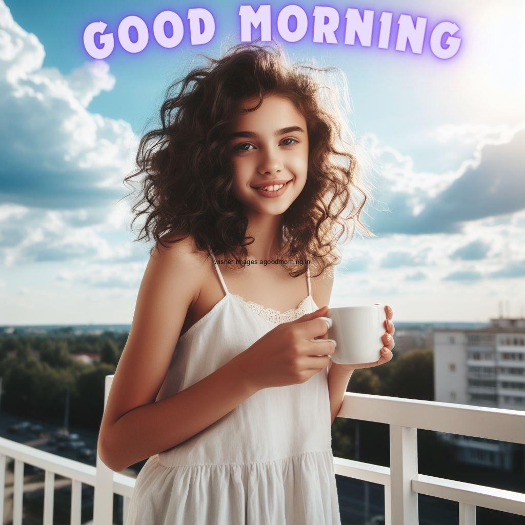 beautiful girl standing with white cup good morning images