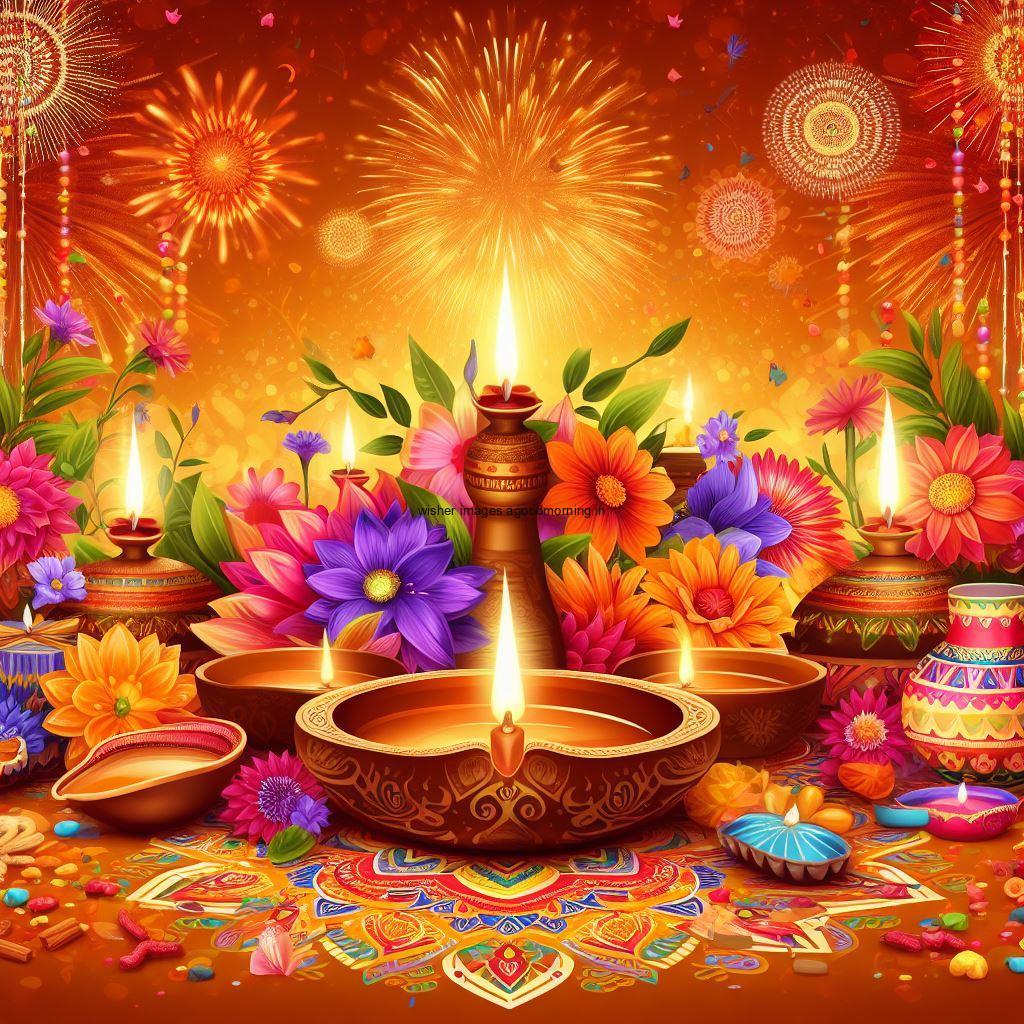 big diya and other diya with beautiful background with many flowers happy diwali image