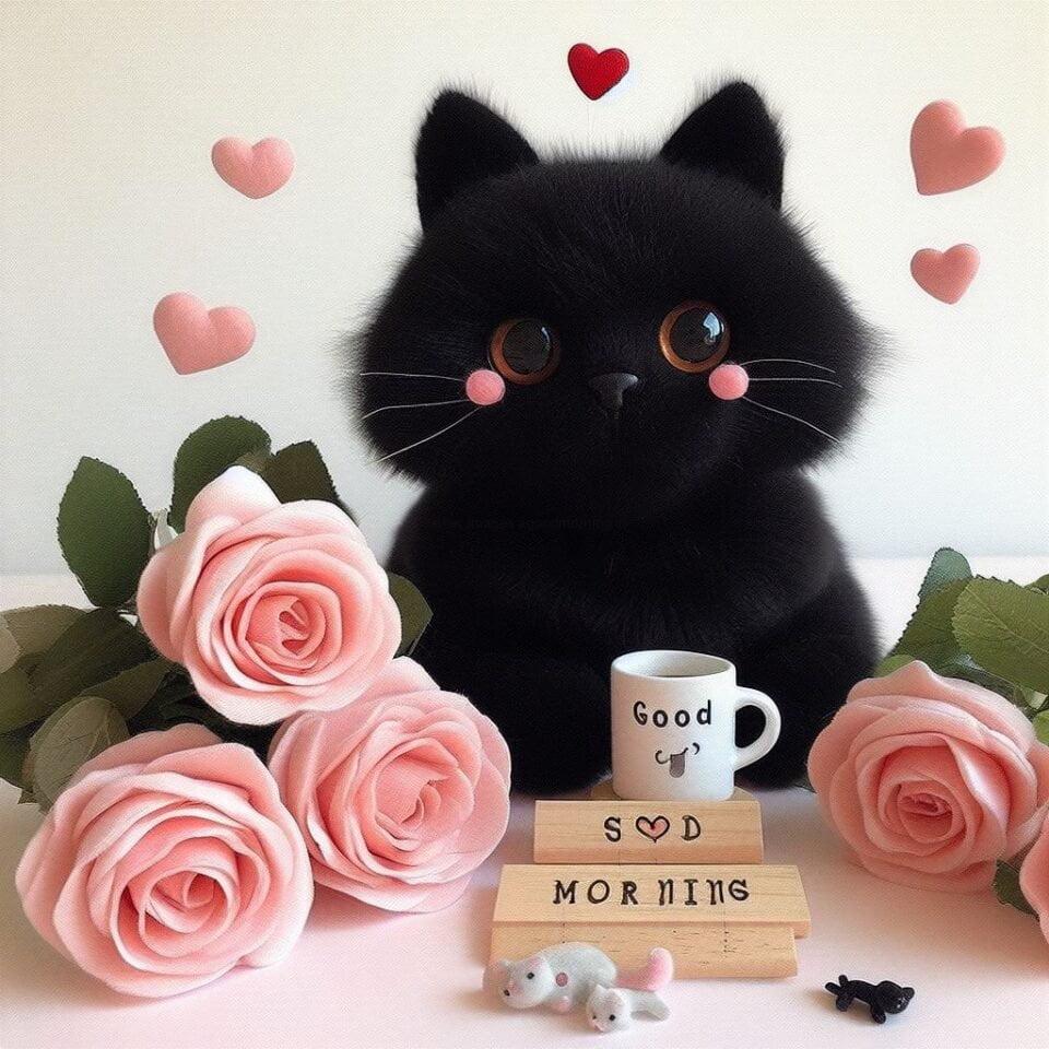 black cat seat with cup of tea rose flowers behind the cat white background with HD good rmoning image