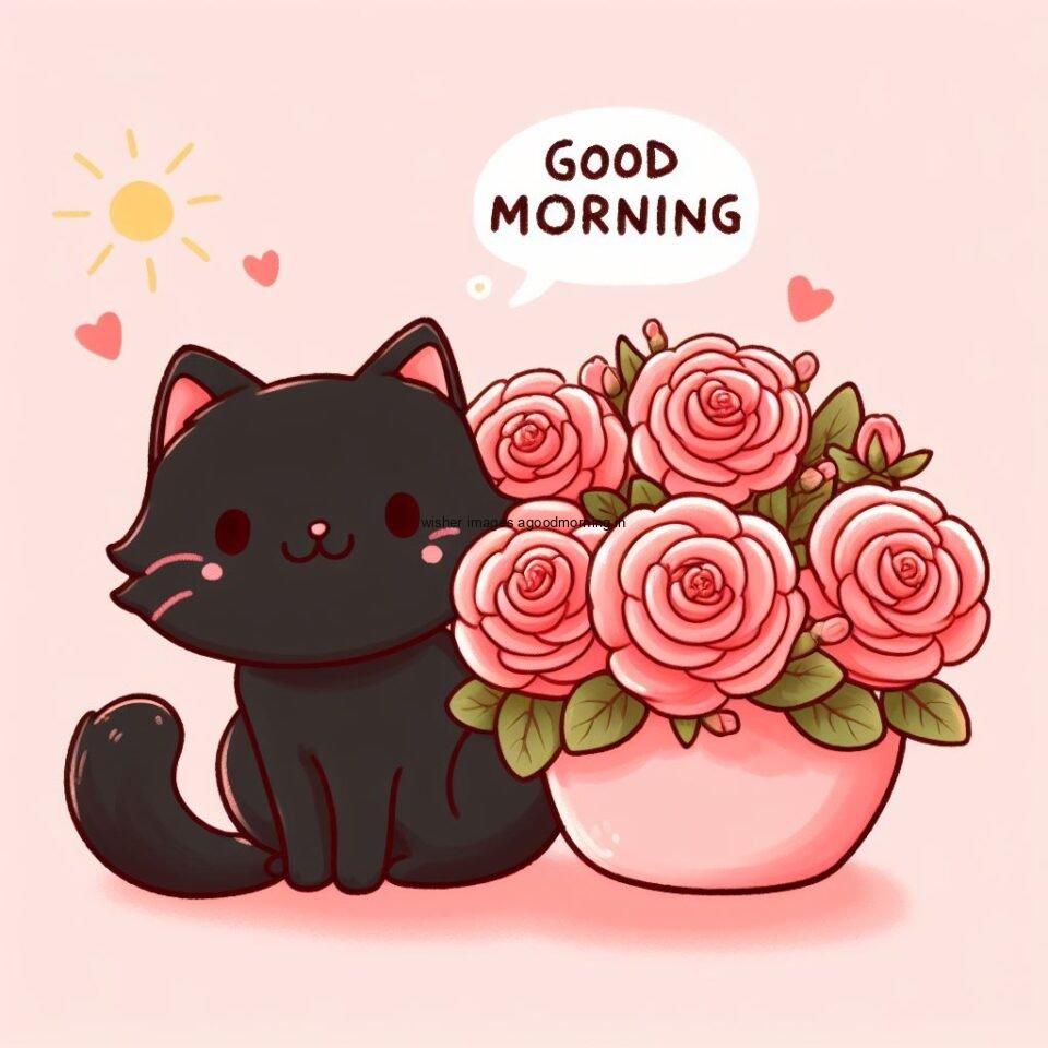 black cat seat with rose flowers in the pot behind the cat white background with HD good rmoning image